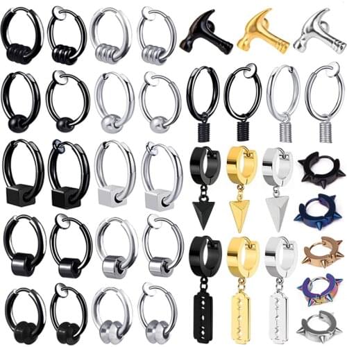 SOHOT Unisex Titanium Stainless Steel Small Hoop Earrings Black Hammer HipHop Man Wholesale Punk Cube Geometry Round Beads Screw