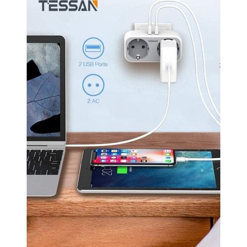 TESSAN 4-in-1 EU Power Strip Socket with 2 AC Outlets + 2 USB Charger Adapter Overload Protection Socket EU plug Portable Travel