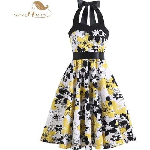 SISHION Hepburn Peach Collar Halter Women Summer Dress VD1758 White and Yellow Sexy Halter Pin Up 50s 60s Cotton Vintage Dresses