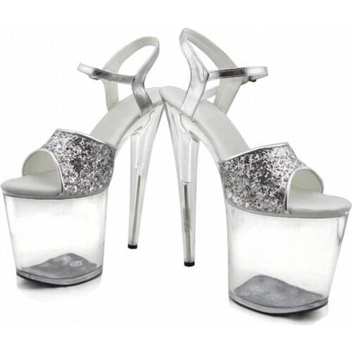 Gorgeous gold/silver glitter high heels 8 inch white flowers wedding shoes clear platform Crystal shoes 20cm party dress sandals