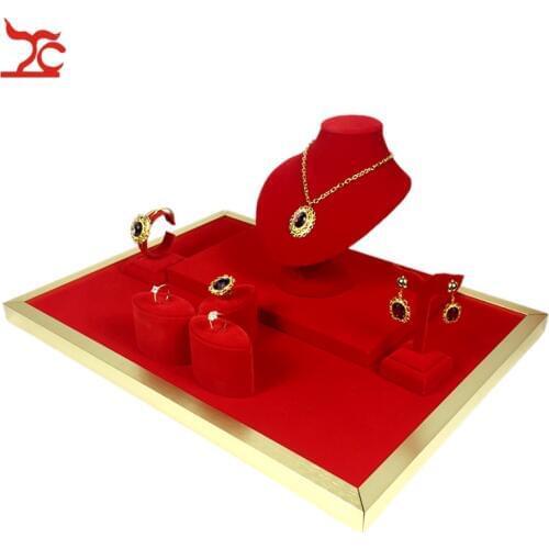 High End Stainless Steel Jewelry Display Showcase Red Velvet Ring Storage Necklace Pendant Bracelet Earring Holder Stand Counter