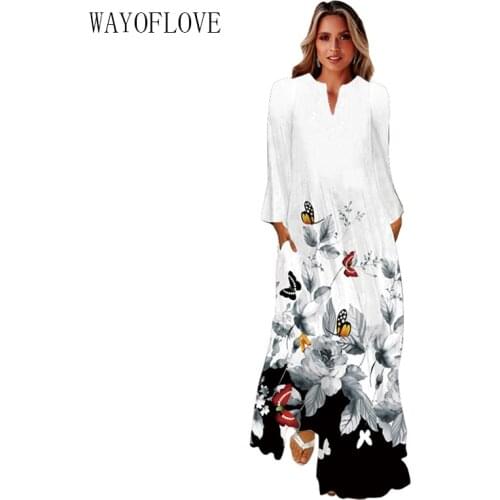 WAYOFLOVE White 3D Flower Print Autumn Dress 2021 Long Sleeve Elegant Plus Size Dresses Woman Beach Casual Girl Long Dress Women