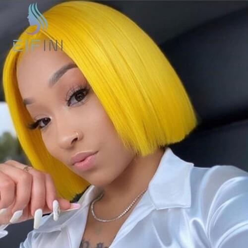 Yellow Colored Straight Lace Front Human Hair Wigs Pre Plucked Glueless Brazilian Straight Bob Lace Closure Wigs For Black Women