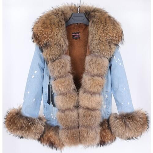 MAOMAOKONG fox fur collar ultra short denim fur jacket women plus velvet thick liner casual jacket