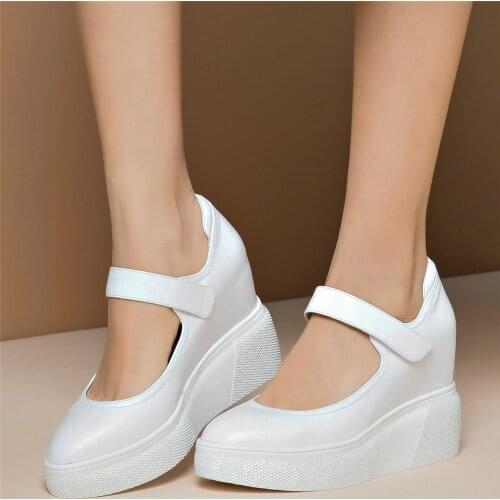 2021 Hook Platform Mary Janes Women Genuine Leather Chunky High Heels Pumps Female Round Toe Wedges Ankle Boots Casual Shoes