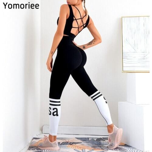 Women Yoga Suit Cross Back Hollow Top High Waist Peach Hip Letter Pants Two Piece Set Gym Sport Workout Running Training Set