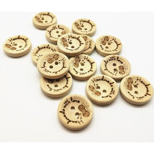 50pcs 15mm Natural Knitting Pattern Handmade With Love Laser Wood Buttons Round Sewing DIY 2 Holes DIY Crafts For Scrapbooking