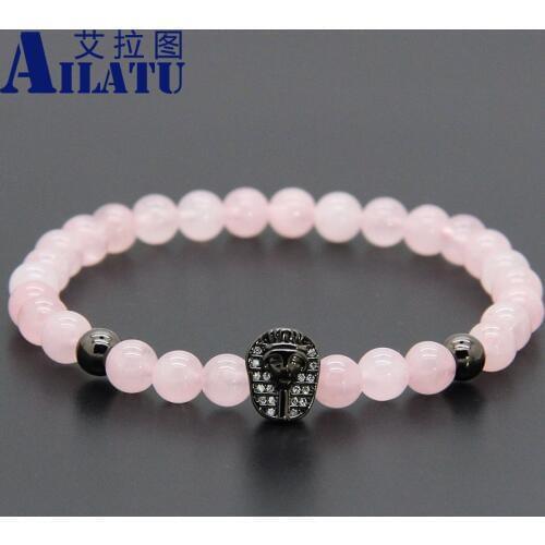 Ailatu Wholesale New Arrival Women Girls Exquisite Jewelry 6mm Natural Pink Crystal Stone with CZ Beads Pharaon Bracelets