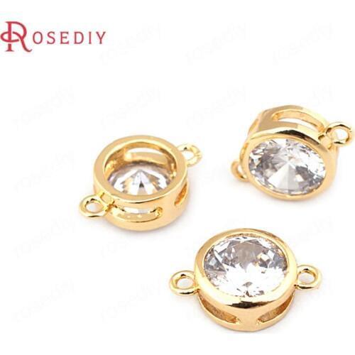 B105)6 pieces 4mm 5mm 6mm 24K Gold Color Brass Zircon 2 Holes Round Connect Charms High Quality Jewelry Findings Accessories
