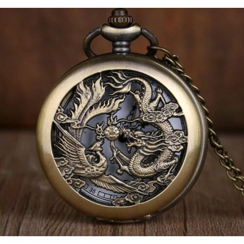 Retro Chinese Holllow Dragon Quartz Pocket Watch Necklace Vintage Pendant Male Clock With Chain Gift for Unisex