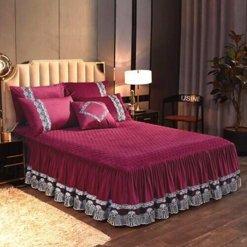 Lace Twin Bed Skirt Luxury Crystal Fleece Embroidery Queen King Size Bedspread Single Double Bed Cover Pillow Case Soft Warm