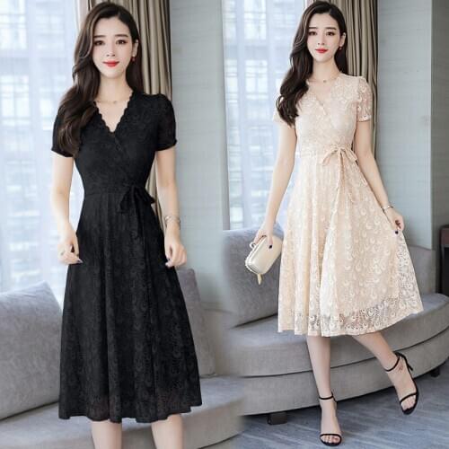 Lace Dress 2020 Summer New Korean Womens Clothing Slim High Waist Long Dress Lady V-neck Black/Apricot Dress Lace Up Robe Kn046