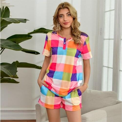 Summer Casual Two-piece Set Home Women Suit Rainbow Plaid O-neck T Shirt Elastic Waist Sexy Shorts Pants Suits Beach Suit