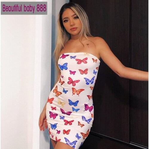 Meqeiss 2020 Fashion Slim Butterfly Print Strapless Women Party Dress Sexy Hot Clubwear Bodycon Skinny Wrap Chest Mini Dresses