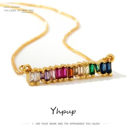 Yhpup Trendy Rainbow Color Zirconia Necklace Copper Charm Metal Statement Chain Chokers Necklace for Women Office Party Jewelry