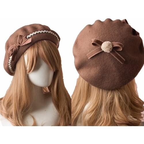 Women Cute Beret with Bow Wool Felt Lolita Hat Raised Grain Bowknot Painter Beanie Cap Handmade