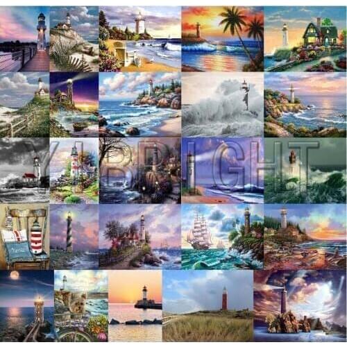 Needlework Diy Diamond Painting Landscape Cross Stitch Embroidery Lighthouse Full Square Illustration Full Rhinestone Mosaic