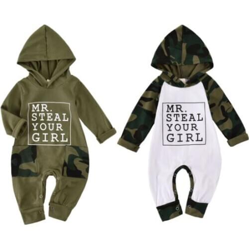 Autumn Winter Baby Boys Romper Army Green/White Floral Print Long Sleeve Hooded Jumpsuit Boys Clothes
