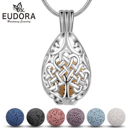 Eudora 8mm Lava Necklace Pendant Volcanic Stone Celtics Knot Leaf Cage Necklace Women Perfume Lava Ball Fine Jewelry Gift K308N8