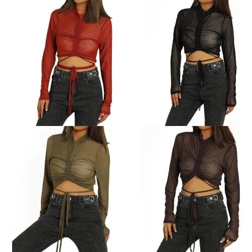 Sexy womens blouse, new fashion in autumn, solid color, stand collar, mesh perspective bandage, pleated long sleeve Pullover