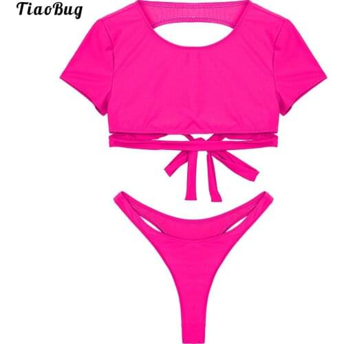 TiaoBug Sexy Summer Women 2Pcs Bikini Set Round Neck Short Sleeve Open Back Straps Tie Back Crop Top Thong Briefs Swimwear