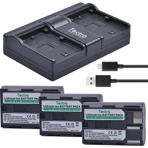 Tectra 3PCS BP-511 BP-511A Li-ion Battery + USB 2-Channel Charger for Canon G6 G5 G3 G2 G1 EOS 300D 50D 40D 30D 20D 5D MV300i