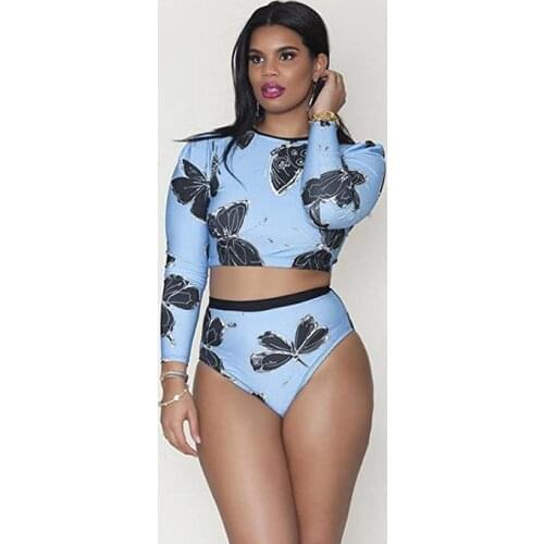 Vintage Printed High Waist Swimwear Woman Long Sleeve Two Pieces Swimsuits O Neck Crop Tops Bikini Thong Bathing Suits Female
