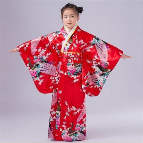 Japan Traditional Kimono Japanese Folk Dance Ancient Costume Smooth Satin Peacock Print Kid Girl Chest Jacket Skirt Kimono Dress