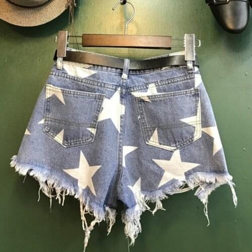 Pentagram Printing Blue Denim Shorts Lady Casual Ripped Hole Women Wide Leg Tassel High Waist Jeans Short Female Harajuku Shorts