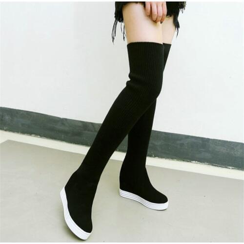 NAYIDUYUN Thigh High Boots Women Black Wedges Faux Suede Over The Knee High Riding Booties Knitting Stretch Long Sneaker Pumps