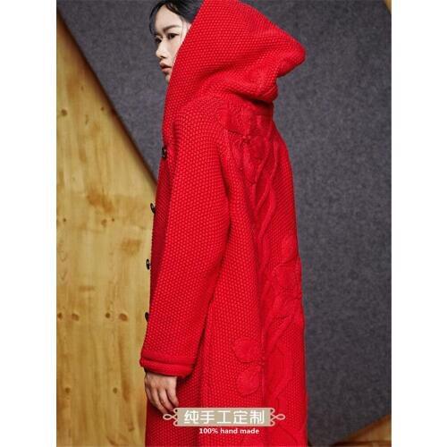 100% hand knit pure wool women jacquard mid long hooded single breasted cardigans sweater coat size color customize