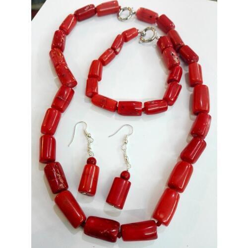Woman jewelry Natural Red Coral Bead Cylinder Choker Necklace Bracelet Dangle Hook Earring Jewelry set