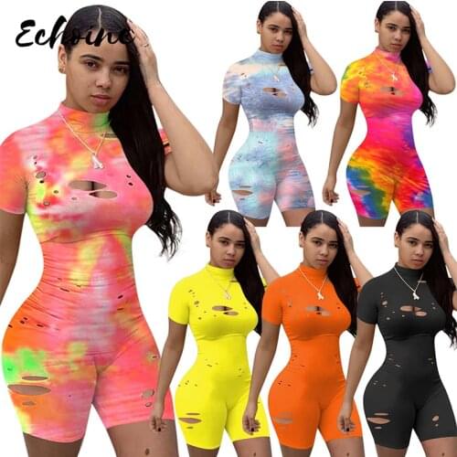 Women Stand Neck Short Sleeve Cut Out Hole Tie Dye Bodysuit Bodycon Playsuit Jumpsuit Party One Piece Romper Overalls Plus Size