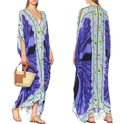 VKBN High Quality Silk Women Long Dress Batwing Sleeve Three Quarter V-Neck Geometric Pattern Printing Maxi Dresses for Women