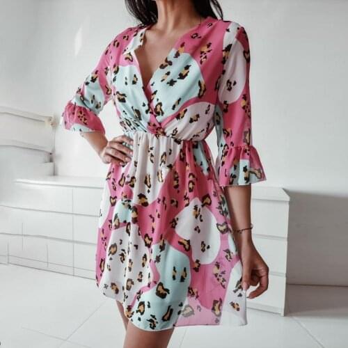 New womens dress fashion sexy V-neck leopard print short sleeve dress different colors available 2021 Summer платье женское