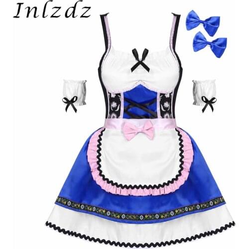 Womens Embroidered Dirndl Oktoberfest Beer Festival Dress Carnival Cosplay Party Costume with Bowknot Ruffle Apron Sleeves