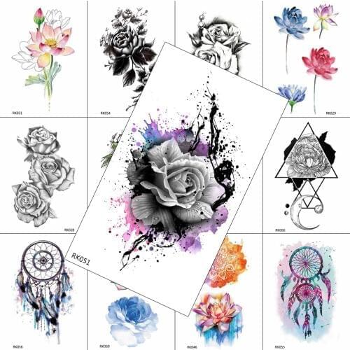 Watercolor Flower Fake Temporary Tattoos Realistic Sticker Waterproof Dreamcatcher Sheets Tattoo Body Art Arm Waist Tatoos Paper