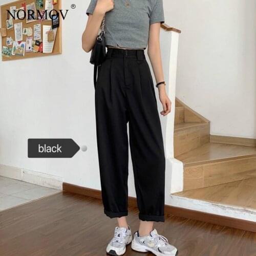 NORMOV Women Suit Pants Solid Loose Office Lady High Waist Pants Stretch Wide Leg Straight Trousers 2021 Spring Autumn New