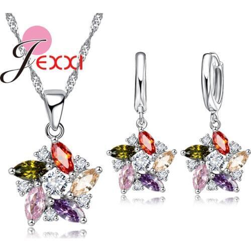 Colorful Cubic Zircon Top Grade 925 Sterling Silver Flower Jewelry Set Pendant Necklace Earrings Women Wedding Nice Sets