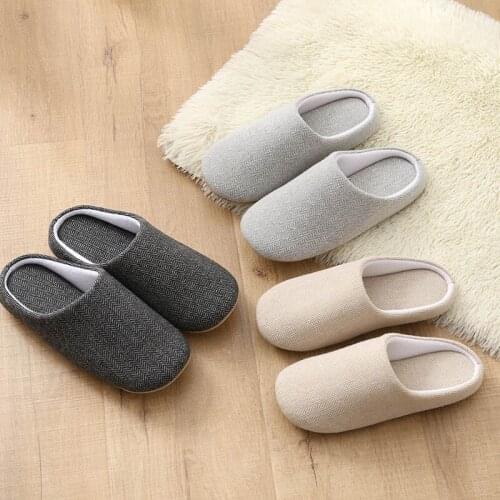 Men home slippers cotton simple solid color women indoor shoes cotton and linen couple slippers Striped warm non-slip shoes
