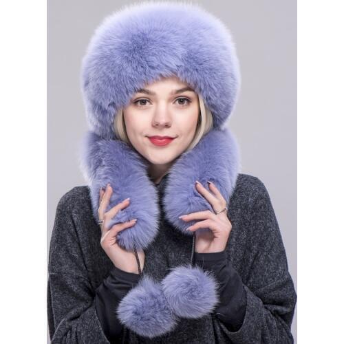 FXFURS Genuine Fox Fur Hats rex Rabbit Fur Top long fox fur scarf with Pompom Winter Female Hat scarf Russian Bombers Hat Caps