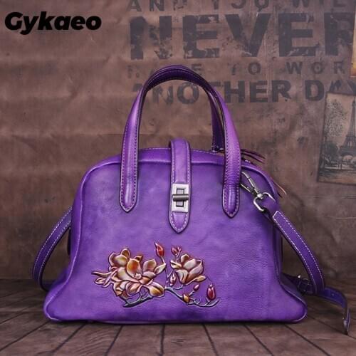 Gykaeo Handmade Embossing Luxury Handbags Women Tote Bags 2020 Summer Genuine Leather Hobos Retro Floral Shoulder Crossbody Bags