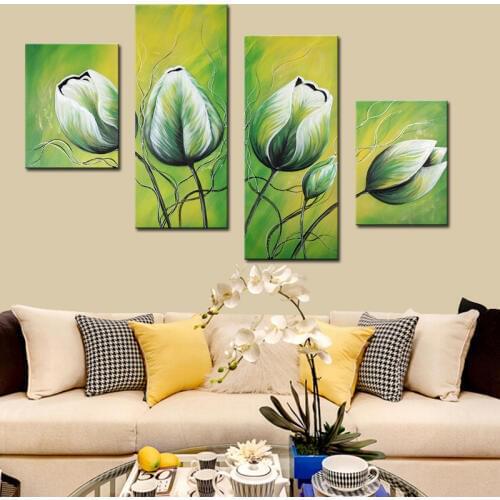 Perfect Abstract Green Flower Oil Paintings 4 Panel Group Canvas Painting 100% Hand Painted for Living Room Home Decor Unframed