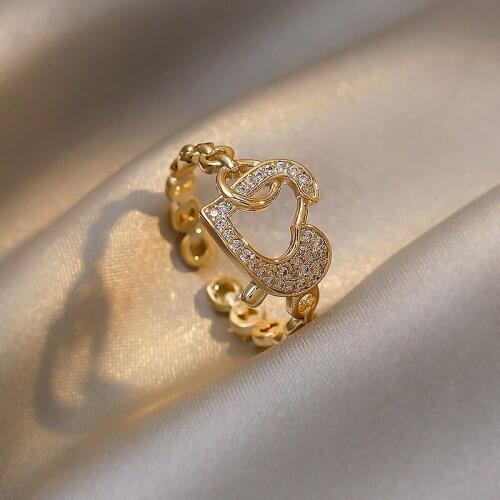 2021 New Fashion Shiny Crystal Senior Open Rings Jewelry Contracted Hollow Heart Modelling Fresh Women Adjustable Rings