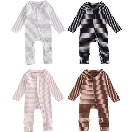 0-18M Infant Baby Boy Girl Romper Striped V-Neck Long Sleeve Jumpsuit Black/Gray/Brown/Pink