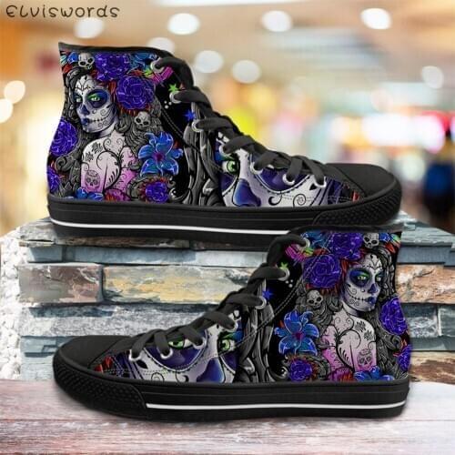 ELVISWORDS Fashion Sneakers Women Casual Vulcanize Canvas Flats Shoes Skull Day of the Dead Gothic Ladies High Top Walking Shoes