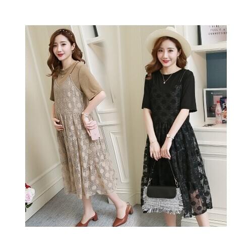 Lace maternity dress summer new product loose stitching cake dress two-piece suit Korean fashion tide mom maternity dress