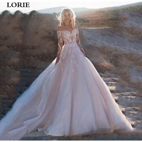LORIE Elegant Full Sleeve Lace Wedding Dresses 2020 A Line Romantic Button Back Appliques Boho Bridal Gown Marriage Custom Made