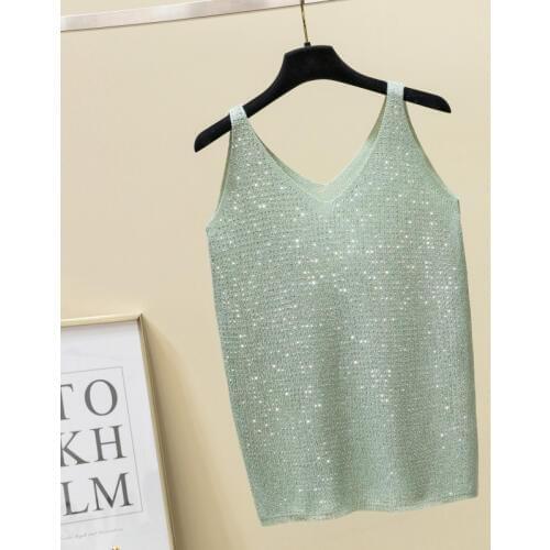 2019 Fashion Sexy shiny Knitted Top Summer v-neck diamonds Tank top Women Slim Top Female bling sleveless t-shirt Vest