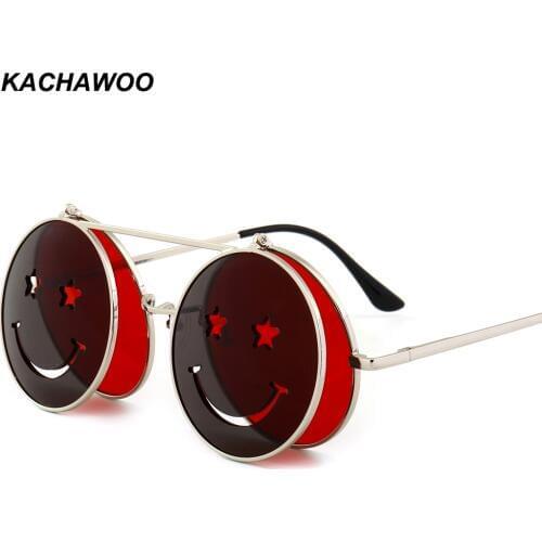 Kachawoo flip up round sunglasses men vintage red pink yellow round sun glasses for women accessories summer beach 2018